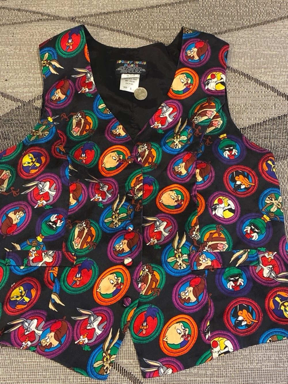 Vintage Silk Looney Tunes Multicolor Character Vest - Black Base